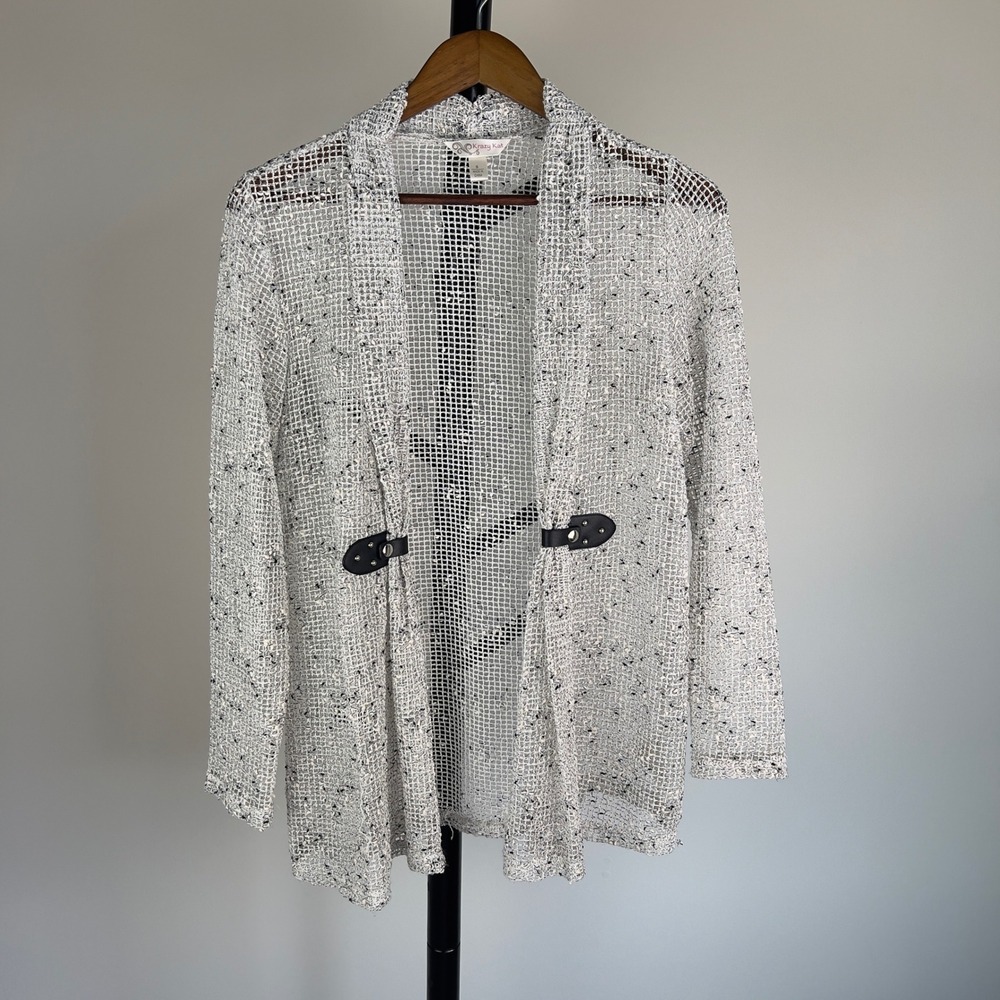 Krazy Kat Womens Small Mesh Knit Cardigan White Black Marled Faux Leather Tabs